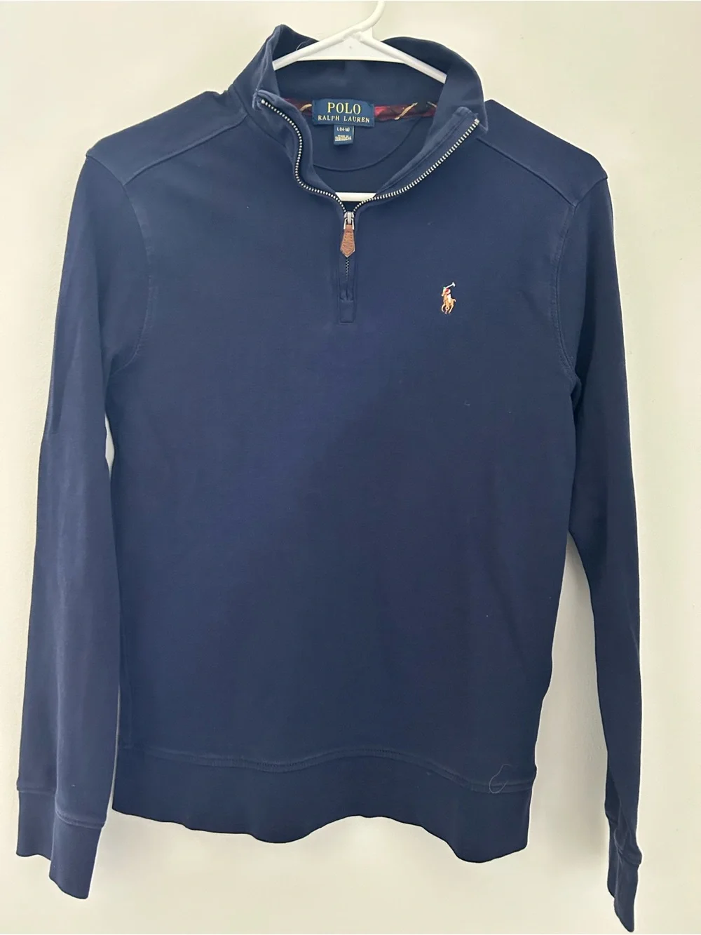 Boy’s size L (14-16) Ralph Lauren Navy Half-Zip Sweatshirt with Orange Pony.